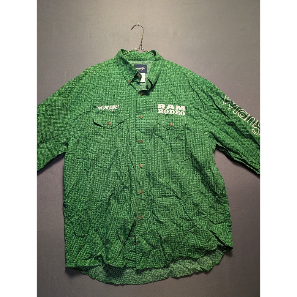 Wrangler Shirt Mens XL Green Micro Geometric Ram Rodeo Embroidered Button Down
